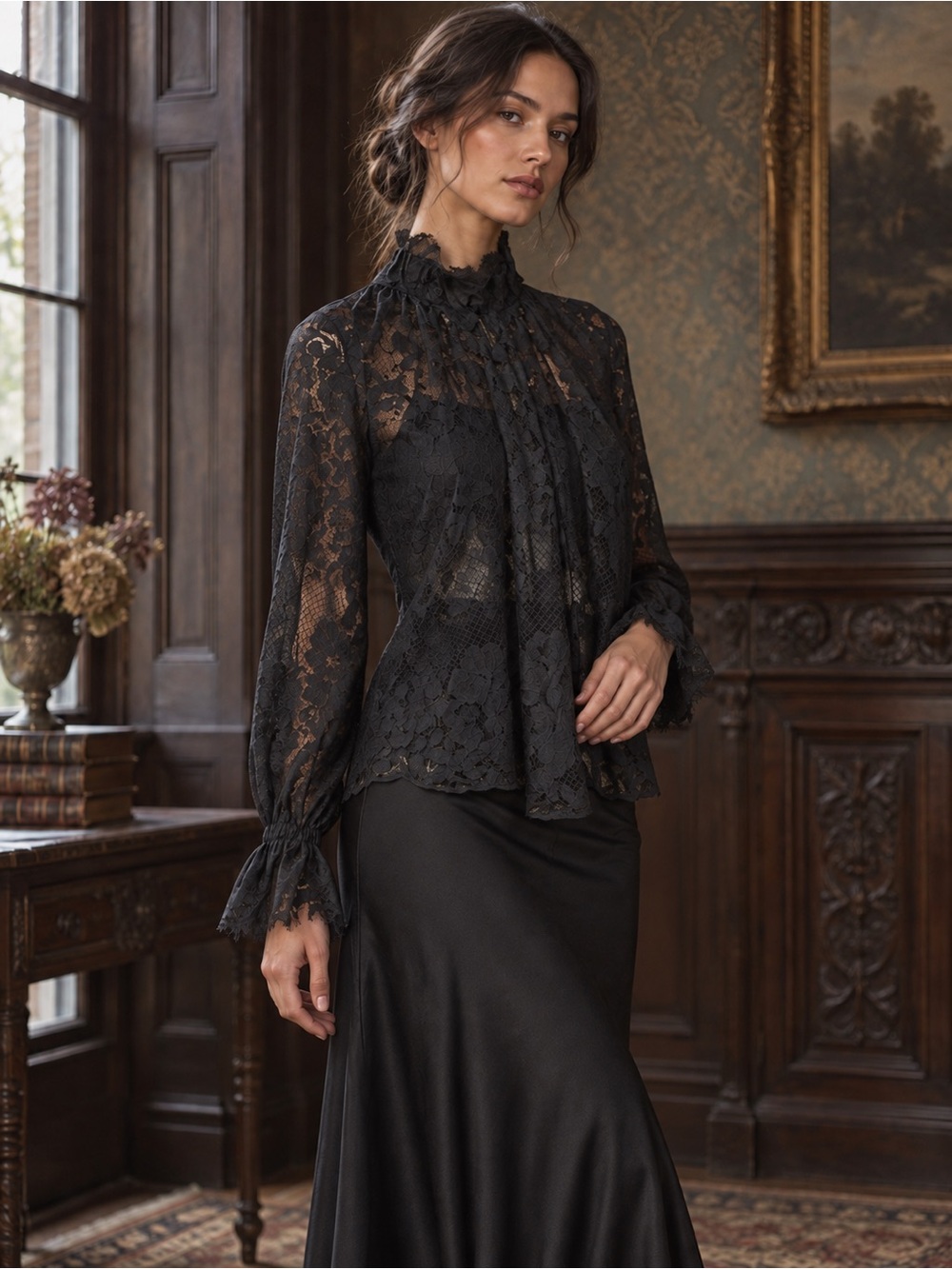 NEW H & M High Neck Black Lace Ruffle Victorian Whimsigoth Semi Sheer Blouse Top